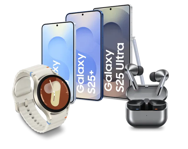 Eine Auswahl von Samsung-Geräten: Galaxy Watch7, Galaxy S25 Ultra, etc.